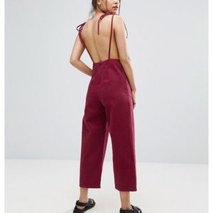 burgundy denim overalls